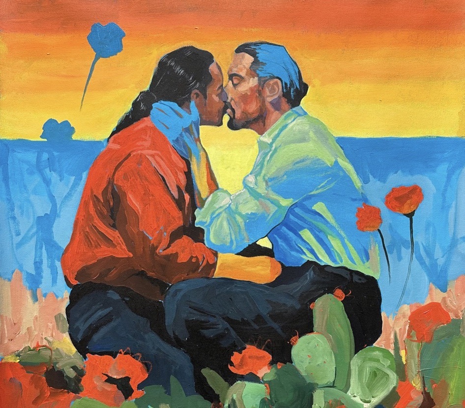 Painting of two men kissing among poppies and cactus, the artwork for WE, a retreat for GBTQ couples